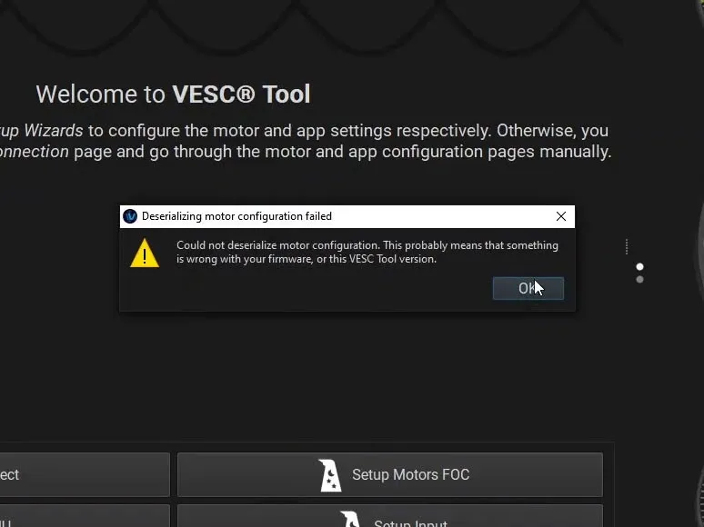 Vertile CFOCer VESC Tool Error: Could not deserialize motor configuration.