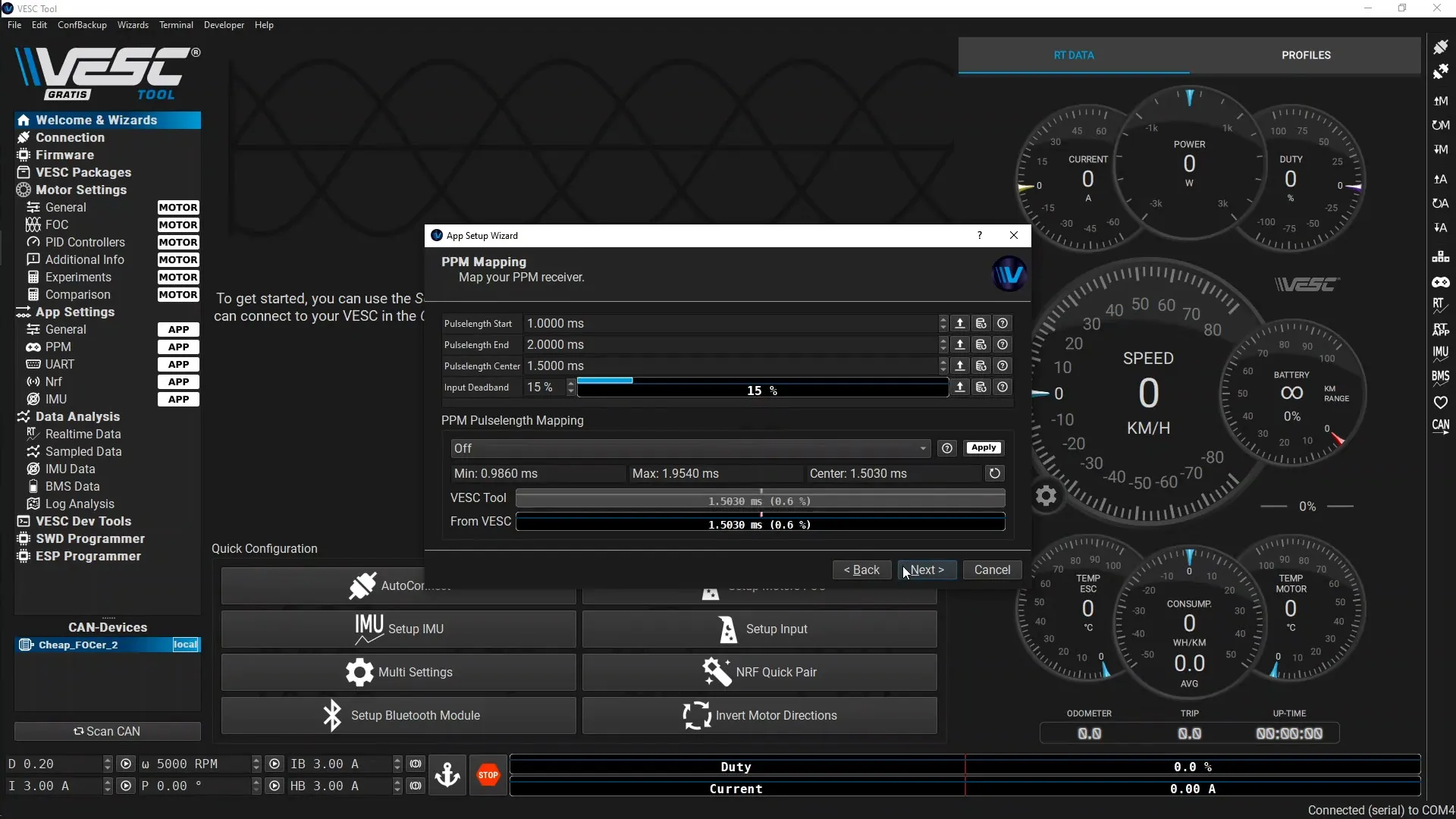 Vertile CFOCer VESC Tool: PPM Mapping.