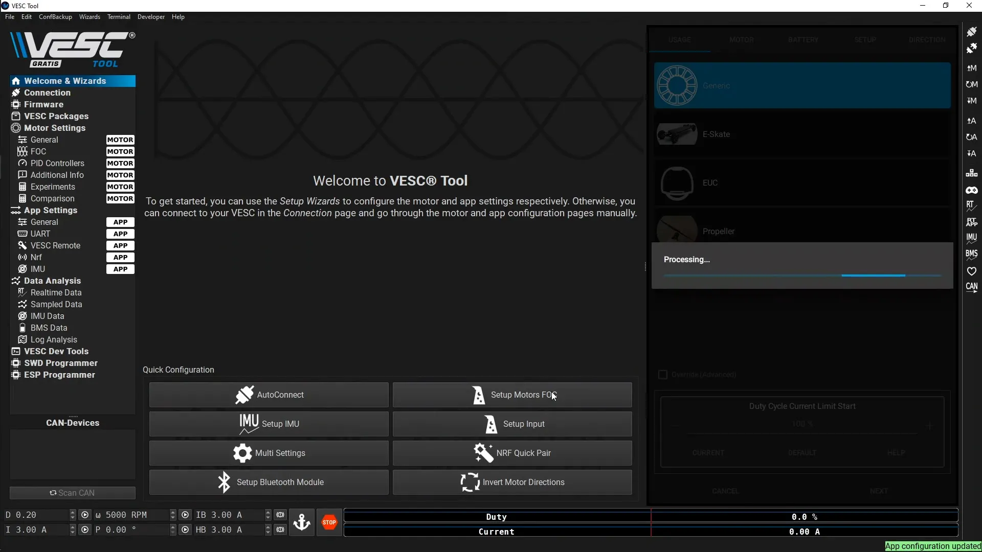 Vertile CFOCer VESC Tool: Submit Motors FOC.