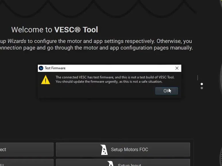 Vertile CFOCer VESC Tool Error: Connected VESC has test firmware.